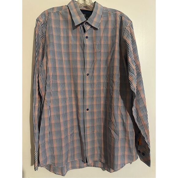 Cote Opera Paris Formal Shirt button down blue orange white gingham size 17 43 L - Picture 4 of 6